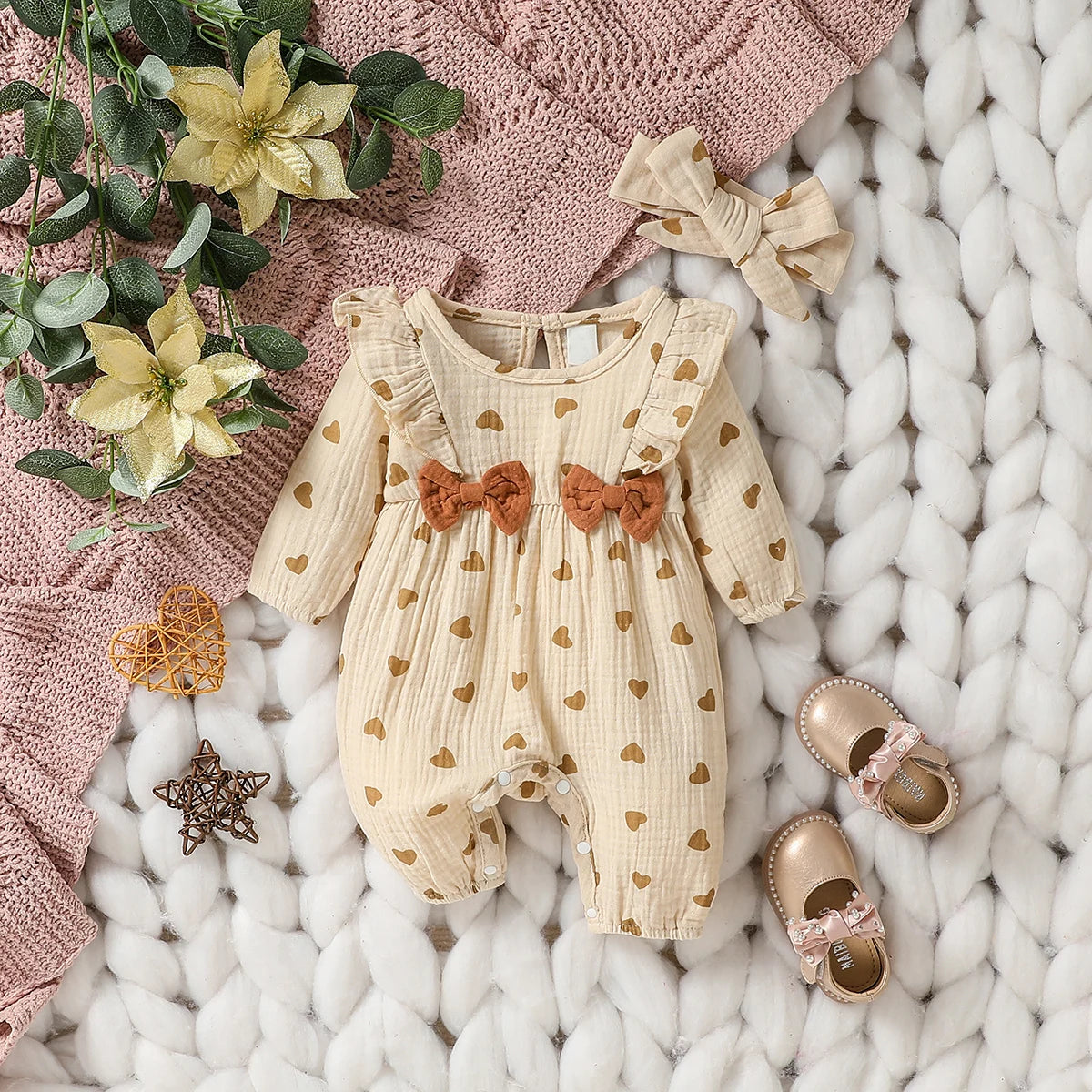 🌸 Enterito para Bebé Niña con Estampado Floral y Moño + Diadema🌸