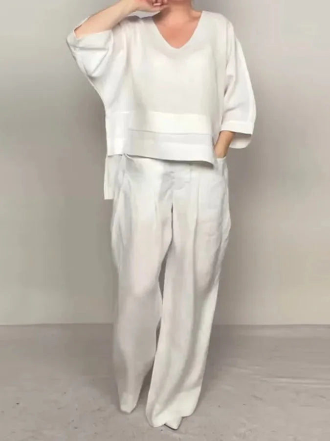 Conjunto Elegante Dúo – Blusa de Cuello en V + Pantalón Palazzo con Bolsillos