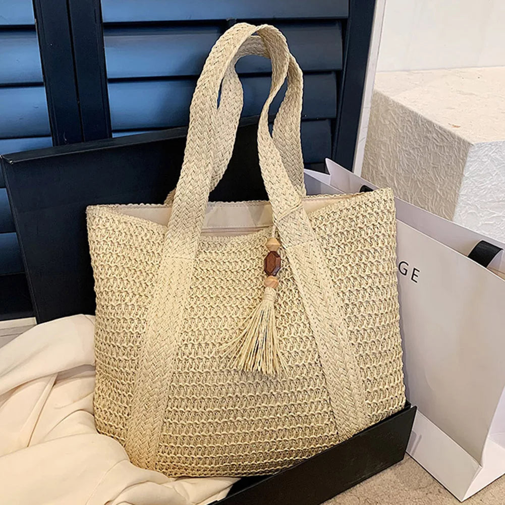 Bolso Tote Tejido de Verano para Mujer – Gran Capacidad con Borla Decorativa