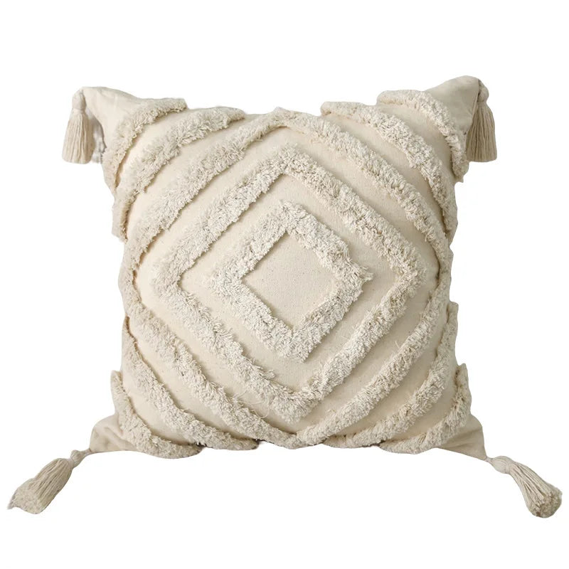 Funda de Cojín de Algodón con Relieve y Borlas – Estilo Retro para Decoración del Hogar