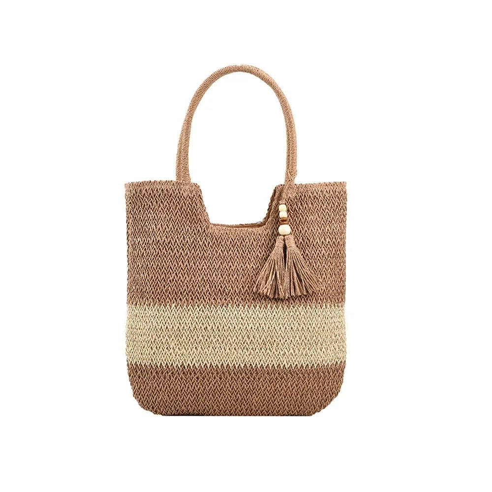 Bolso tejido de paja con Borlas – Tote Grande y Ligero para Viajes y Verano