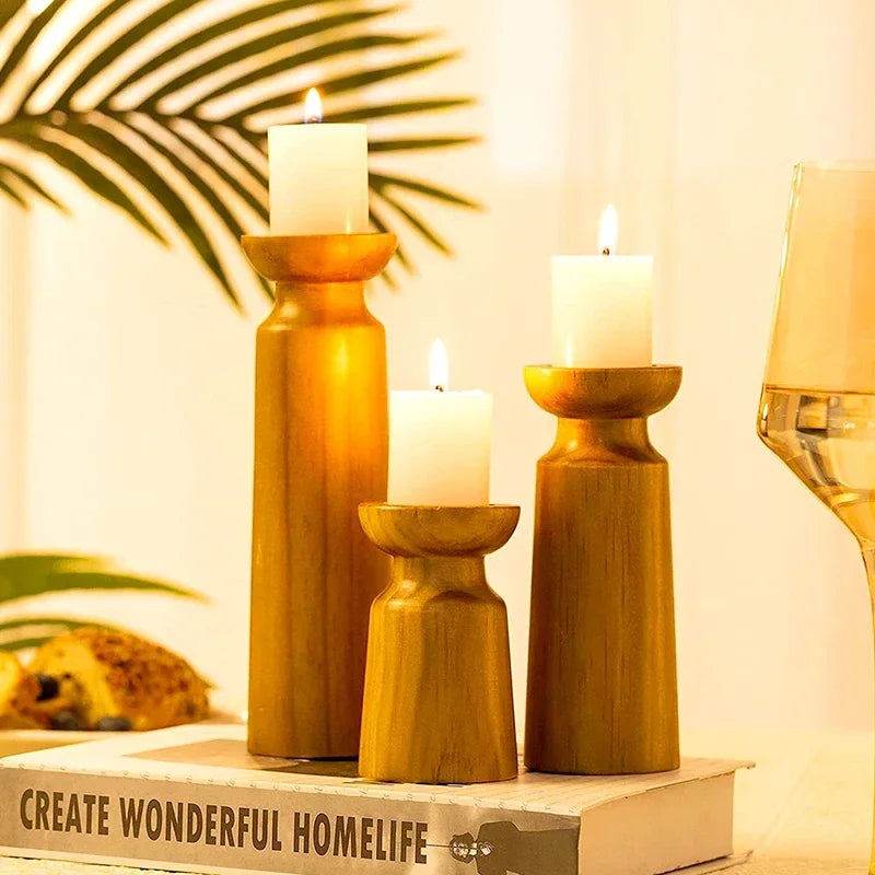 Set de 3 Portavelas de Madera Natural – Estilo Retro para Decoración del Hogar y Eventos