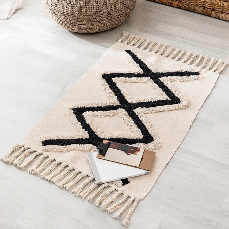 Alfombra Artesanal con Borlas Estilo Nórdico y Marroquí – Decoración Bohemia para Dormitorio y Sala