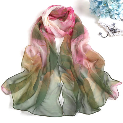 Pañuelo de Seda Floral para Mujer – Chal Largo de Verano para Playa y Protección Solar