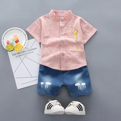 ⭐Conjunto de Verano para Bebé y Niño – Camisa con Dibujos Animados + Shorts de Denim