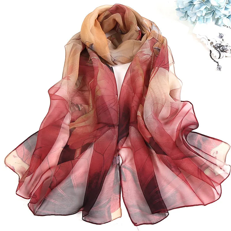 Pañuelo de Seda Floral para Mujer – Chal Largo de Verano para Playa y Protección Solar