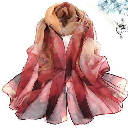 Pañuelo de Seda Floral para Mujer – Chal Largo de Verano para Playa y Protección Solar