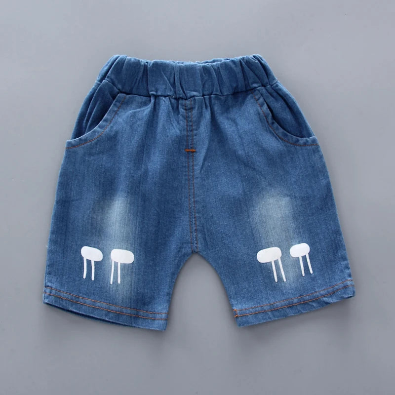 ⭐Conjunto de Verano para Bebé y Niño – Camisa con Dibujos Animados + Shorts de Denim