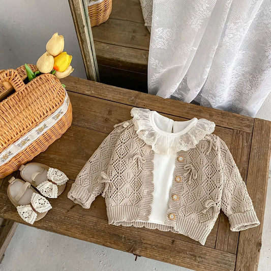 Cárdigan Tejido Infantil para Bebé – Chaqueta Calada con Lazo para Primavera y Otoño
