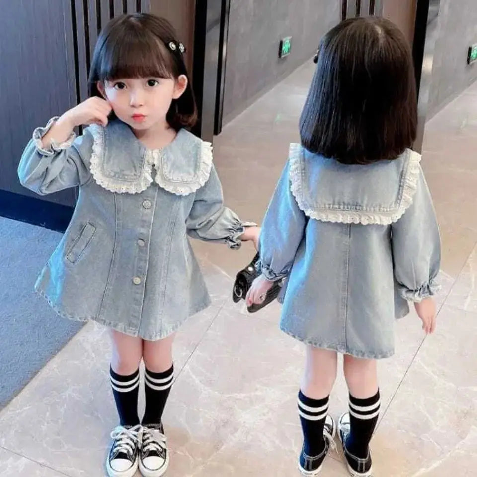 Vestido Infantil de Mezclilla para Niña – Estilo Princesa con Bordado y Lazo