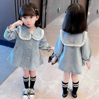 Vestido Infantil de Mezclilla para Niña – Estilo Princesa con Bordado y Lazo