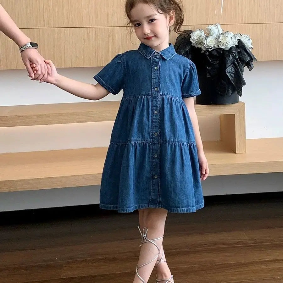 Vestido Infantil de Mezclilla para Niña – Estilo Princesa con Bordado y Lazo