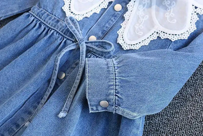 Vestido Infantil de Mezclilla para Niña – Estilo Princesa con Bordado y Lazo