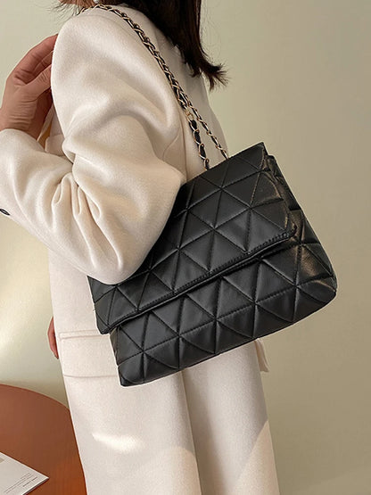 Bolso de Hombro con Solapa Bordada y Cadena – Estilo Casual a Cuadros para Uso Diario
