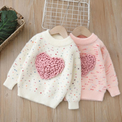 Suéter Infantil para Niña con Estampado de Corazón – Tejido Cálido de Manga Larga