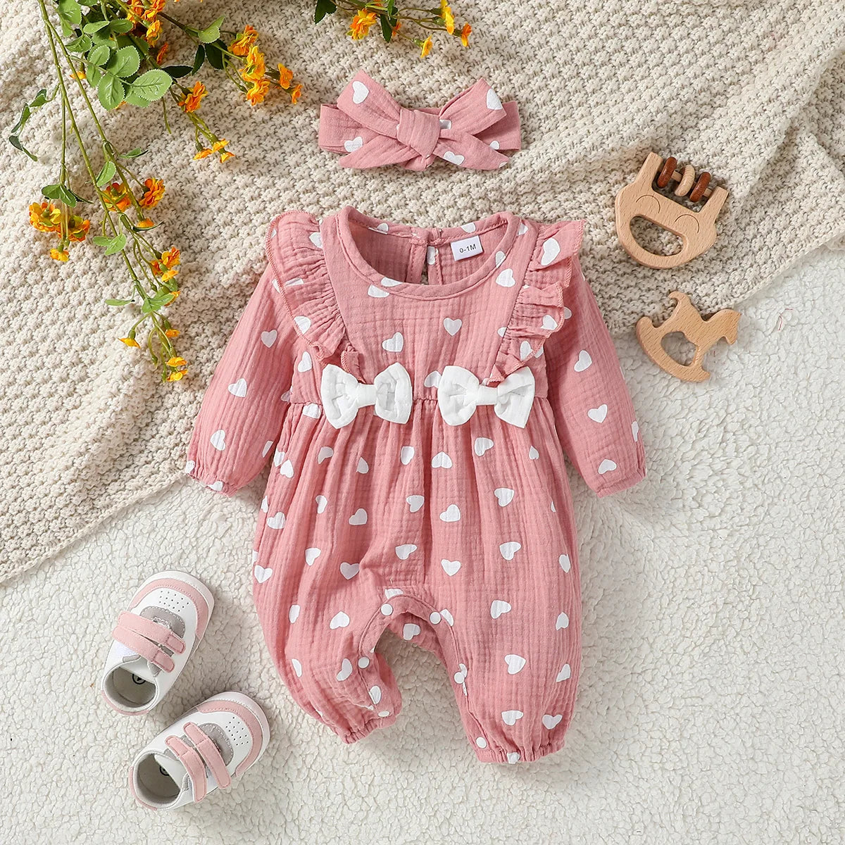 🌸 Enterito para Bebé Niña con Estampado Floral y Moño + Diadema🌸