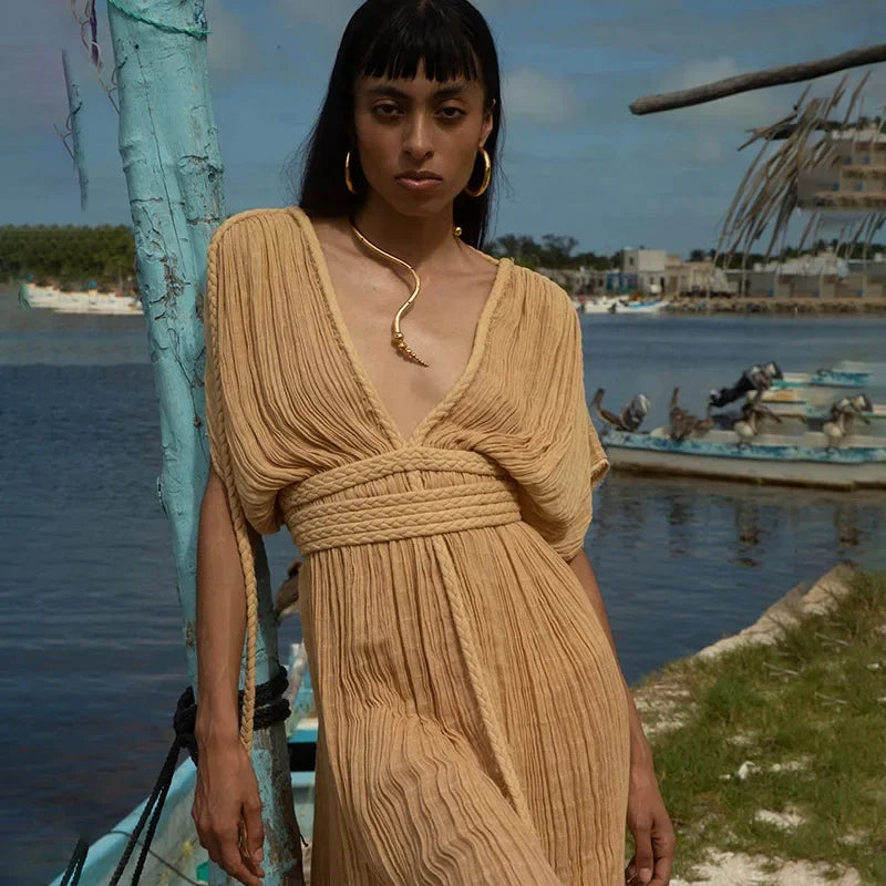 Vestido Bohemio Largo Verde para Mujer – Vestido de Verano Elegante con Aberturas Laterales y Espalda Descubierta