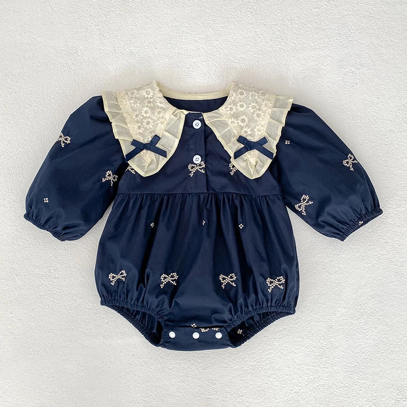 🎀 Enterito para Bebé Niña con Encaje, Moño y Bordado Floral🎀