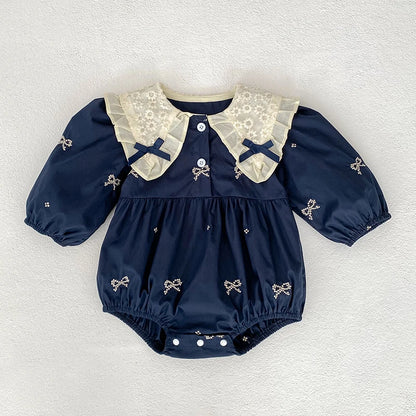 🎀 Enterito para Bebé Niña con Encaje, Moño y Bordado Floral🎀