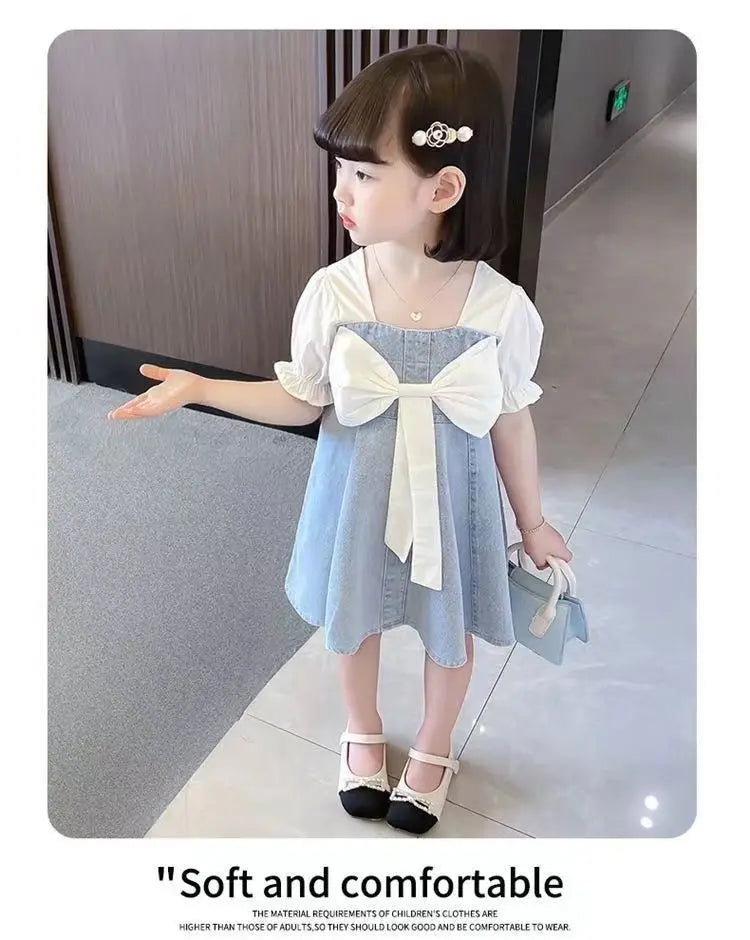 Vestido Infantil de Mezclilla para Niña – Estilo Princesa con Bordado y Lazo