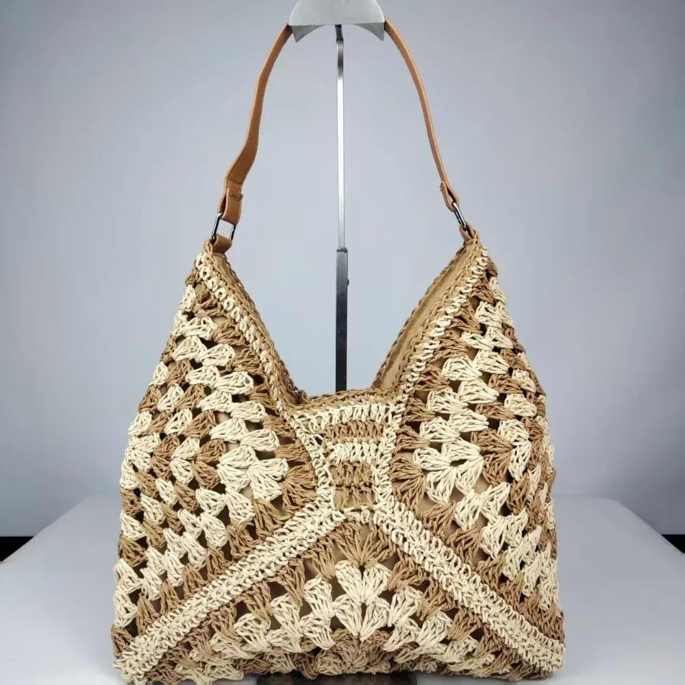 Bolso de Hombro Tejido de Paja Estilo Crochet – Bolso de Verano Casual para Playa y Viajes
