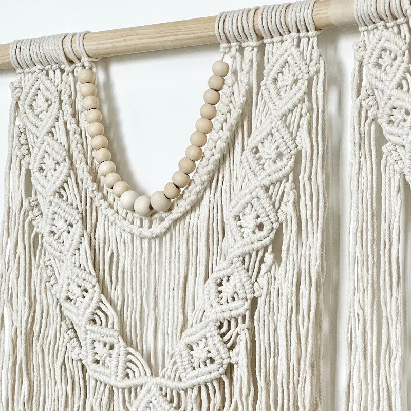 Tapiz de Macramé Bohemio Tejido a Mano – Decoración de Pared en Algodón Color Blanco Crema