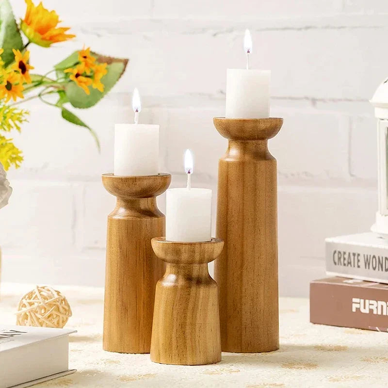 Set de 3 Portavelas de Madera Natural – Estilo Retro para Decoración del Hogar y Eventos