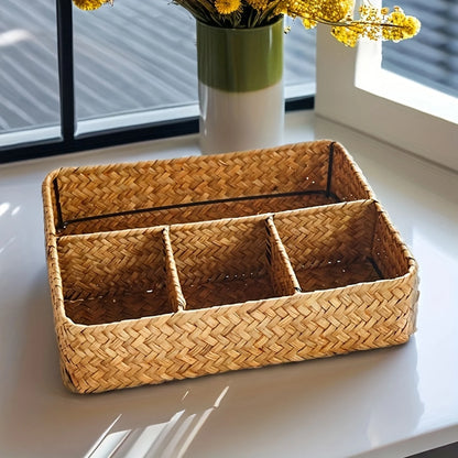 Cesta Organizadora Tejida a Mano con 4 Compartimentos – Ideal para Ropa, Cosméticos y Accesorios