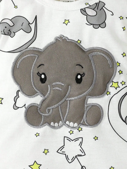 ⭐ Conjunto de 2 Piezas para Bebé – Body de Manga Larga con Bordado de Elefante + Gorrito