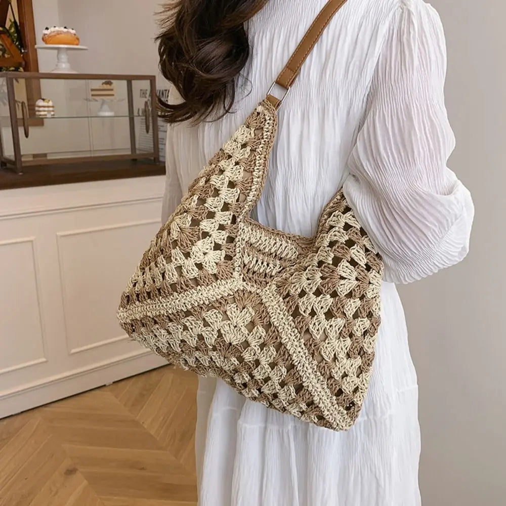 Bolso de Hombro Tejido de Paja Estilo Crochet – Bolso de Verano Casual para Playa y Viajes