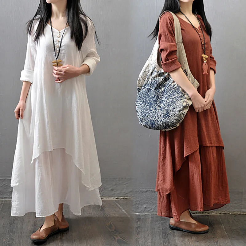 Vestido Largo de Lino Blanco para Mujer – Estilo Bohemio Vintage de Otoño