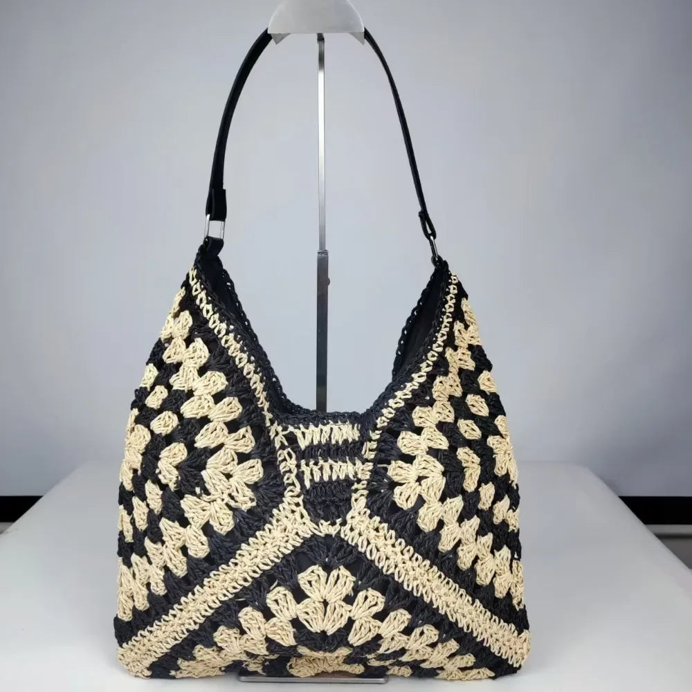 Bolso de Hombro Tejido de Paja Estilo Crochet – Bolso de Verano Casual para Playa y Viajes