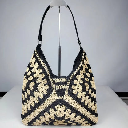 Bolso de Hombro Tejido de Paja Estilo Crochet – Bolso de Verano Casual para Playa y Viajes