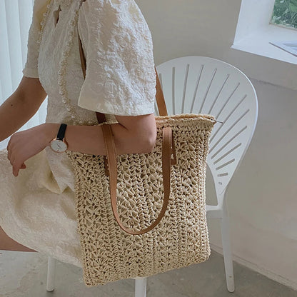 Bolso de Hombro Tejido a Mano de Raffia – Tote Bohemio de Verano para Playa y Viajes