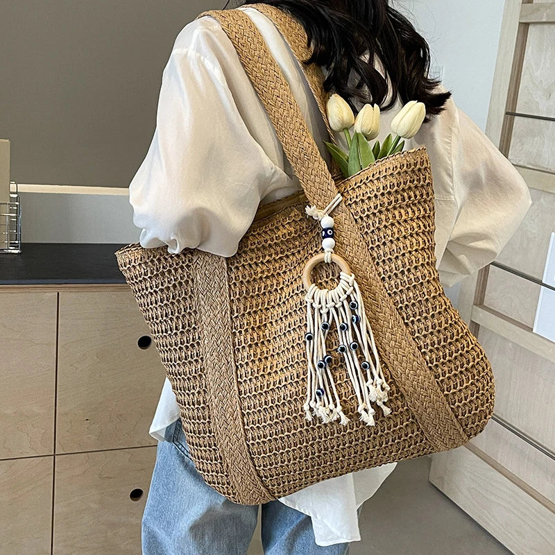 Bolso de Paja Tejido para Mujer – Tote Bohemio de Verano con Gran Capacidad