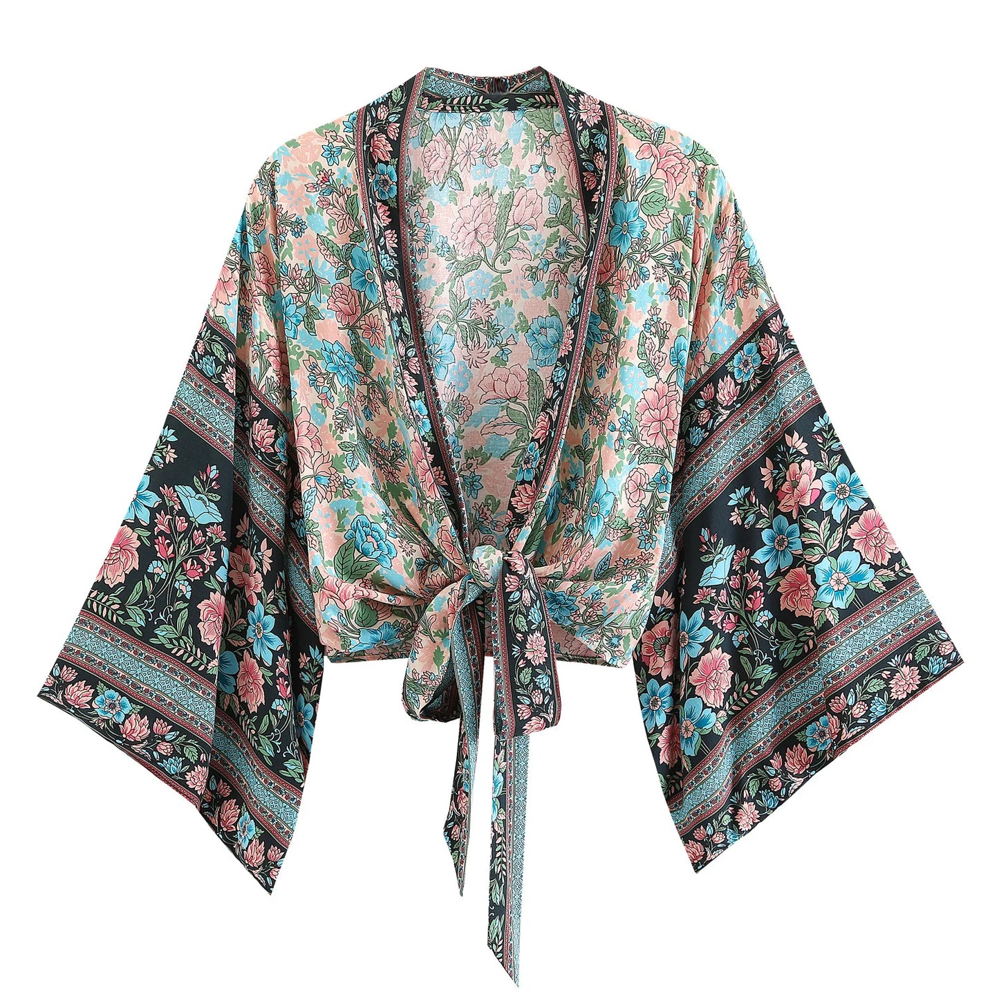 Top Kimono Corto Floral para Mujer – Estilo Bohemio de Playa con Escote en V