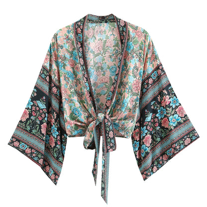 Top Kimono Corto Floral para Mujer – Estilo Bohemio de Playa con Escote en V