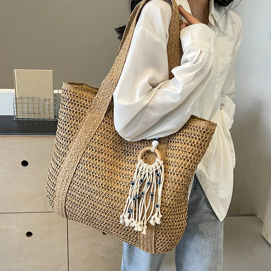 Bolso de Paja Tejido para Mujer – Tote Bohemio de Verano con Gran Capacidad