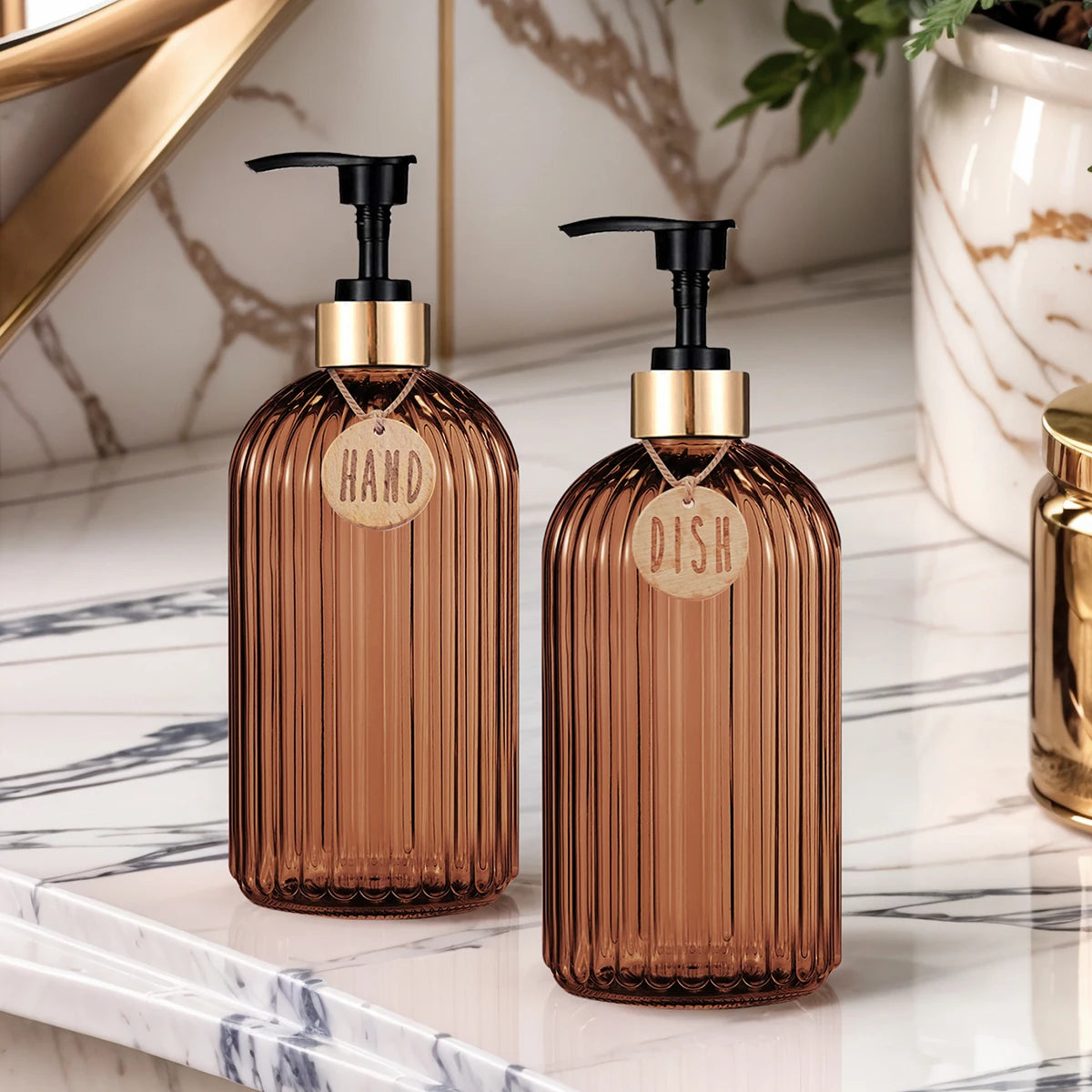 🌿 Dispensador de Jabón Líquido Reutilizable Ámbar – Elegancia y Calidez para tu Hogar