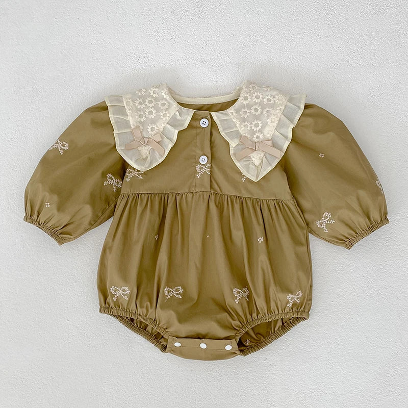 🎀 Enterito para Bebé Niña con Encaje, Moño y Bordado Floral🎀