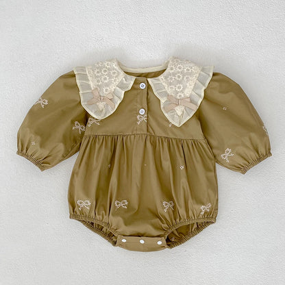 🎀 Enterito para Bebé Niña con Encaje, Moño y Bordado Floral🎀