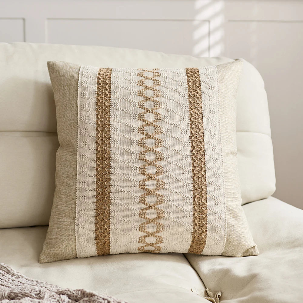 🌾 Funda de Cojín Boho de Algodón y Lino con Flecos – Elegancia Artesanal para tu Espacio