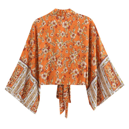 Top Kimono Corto Floral para Mujer – Estilo Bohemio de Playa con Escote en V