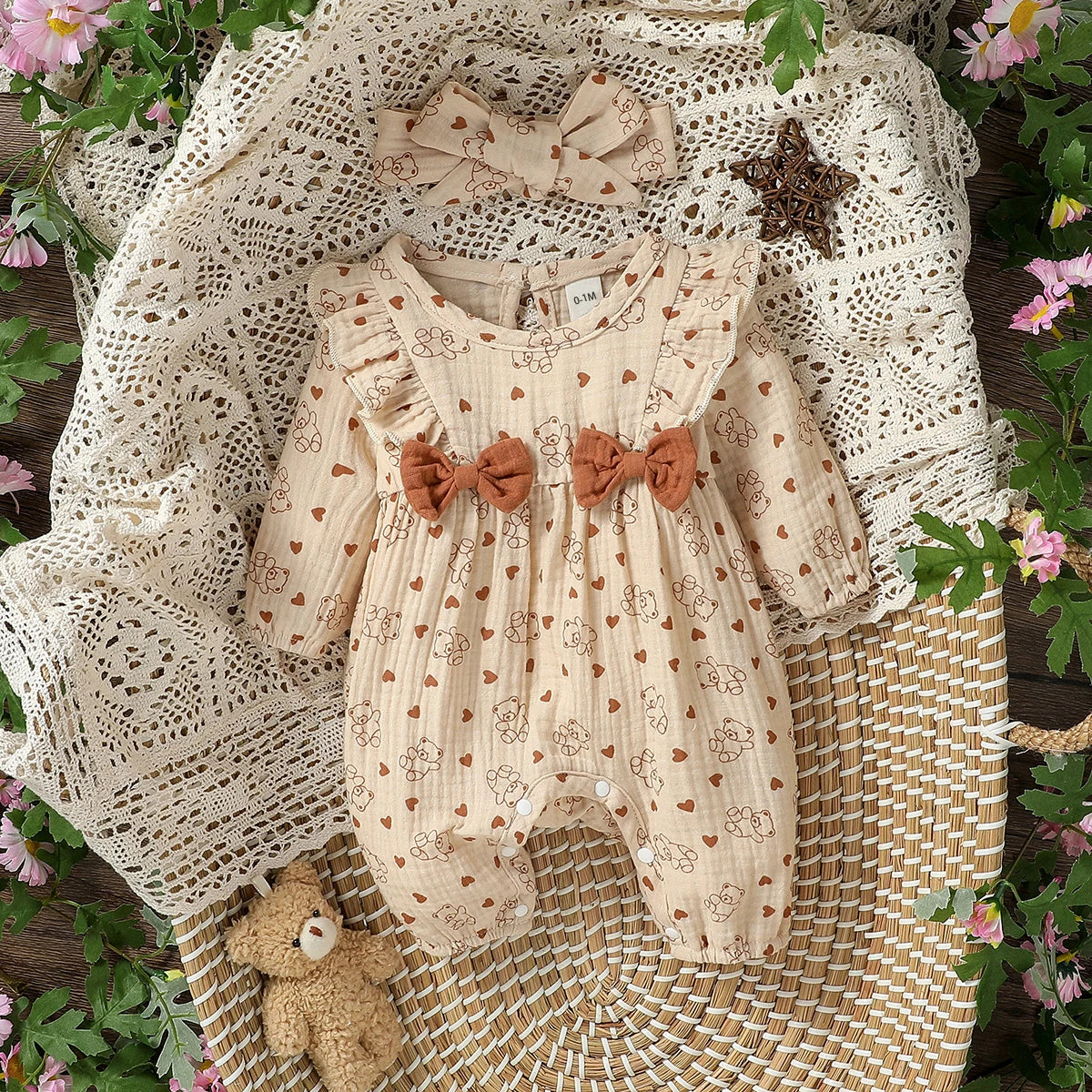 🌸 Enterito para Bebé Niña con Estampado Floral y Moño + Diadema🌸