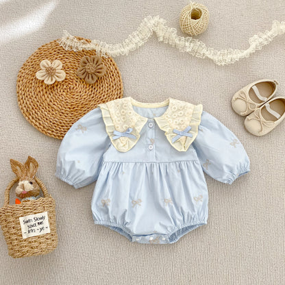 🎀 Enterito para Bebé Niña con Encaje, Moño y Bordado Floral🎀