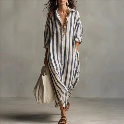 Vestido Casual a Rayas con Cuello en V y Manga 3/4
