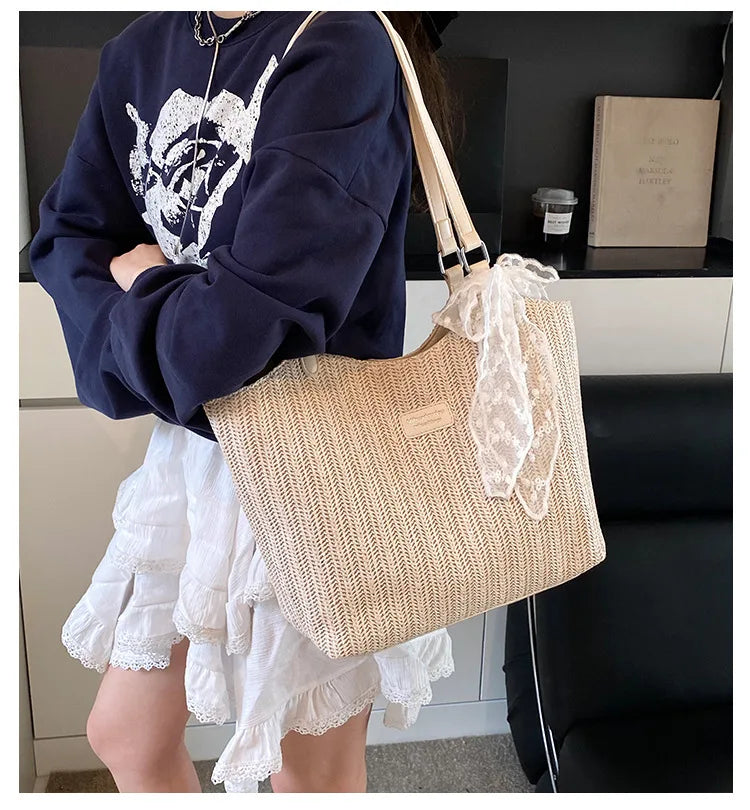 Bolso Tote de Playa de Gran Capacidad Tejido a Mano – Bolso de Hombro Casual de Verano