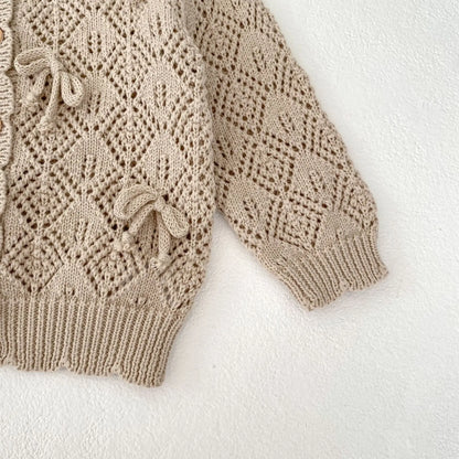 Cárdigan Tejido Infantil para Bebé – Chaqueta Calada con Lazo para Primavera y Otoño