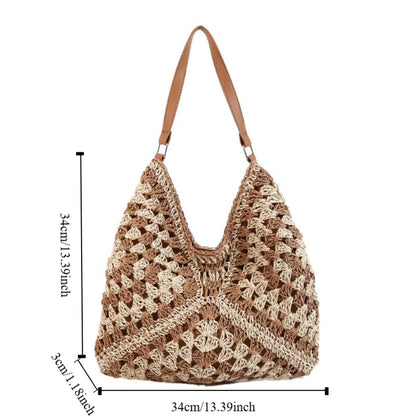 Bolso de Hombro Tejido de Paja Estilo Crochet – Bolso de Verano Casual para Playa y Viajes