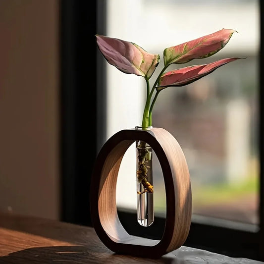Florero Mini Hidropónico de Madera de Nogal y Vidrio – Decoración Elegante y Minimalista